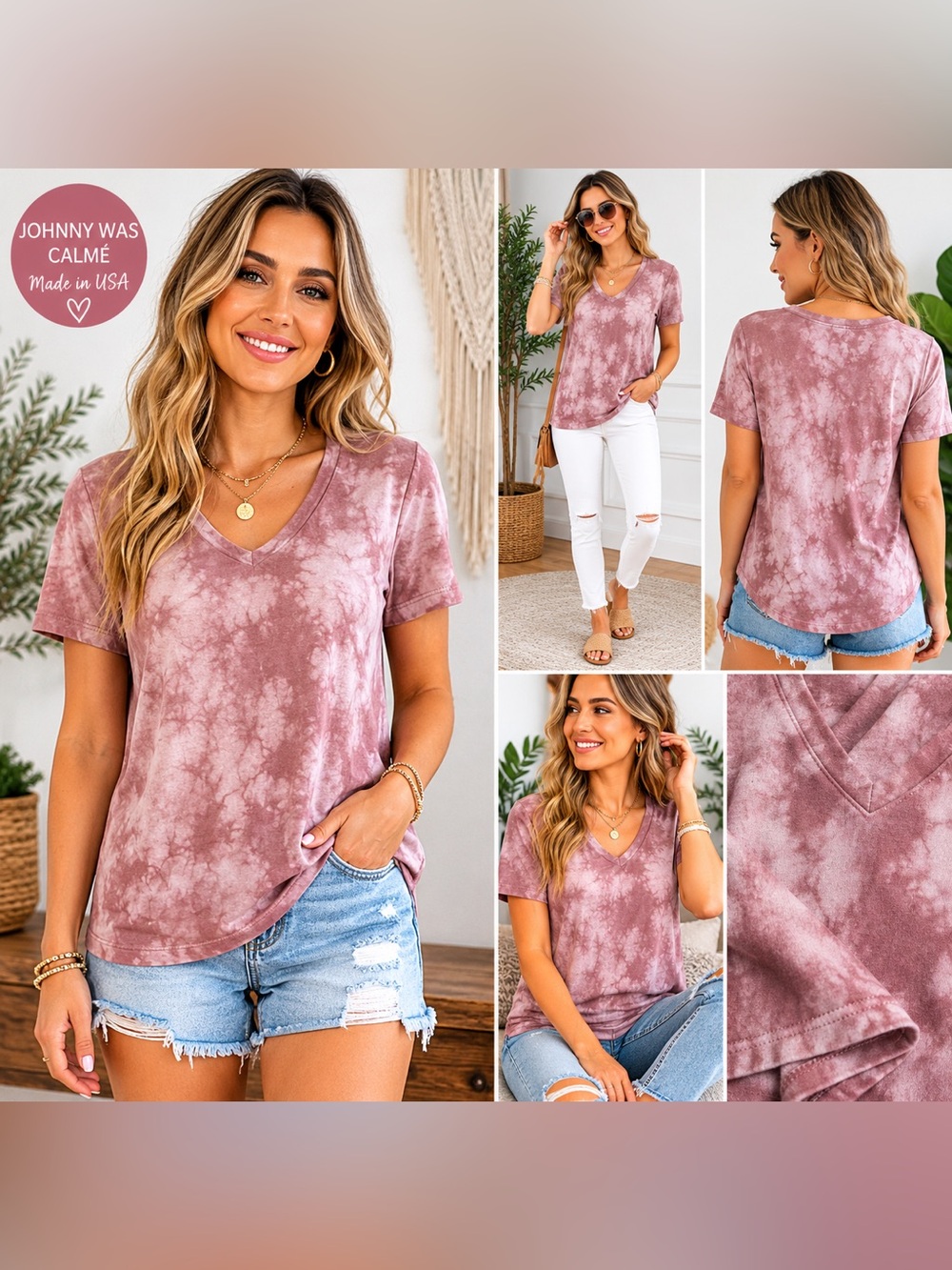 Johnny Was Calmé Tie Dye V Neck Tee Medium Mauve Pink Tencel Organic Cotton USA